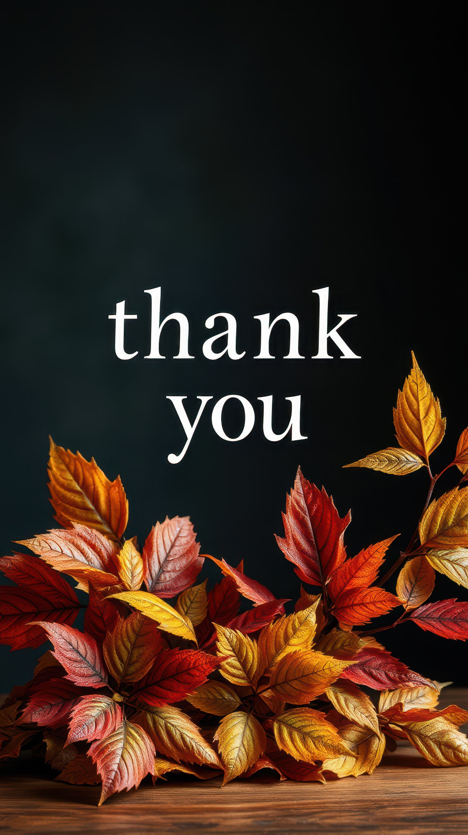 Thank you message surrounded by autumn leaves with vibrant colors in a warm setting